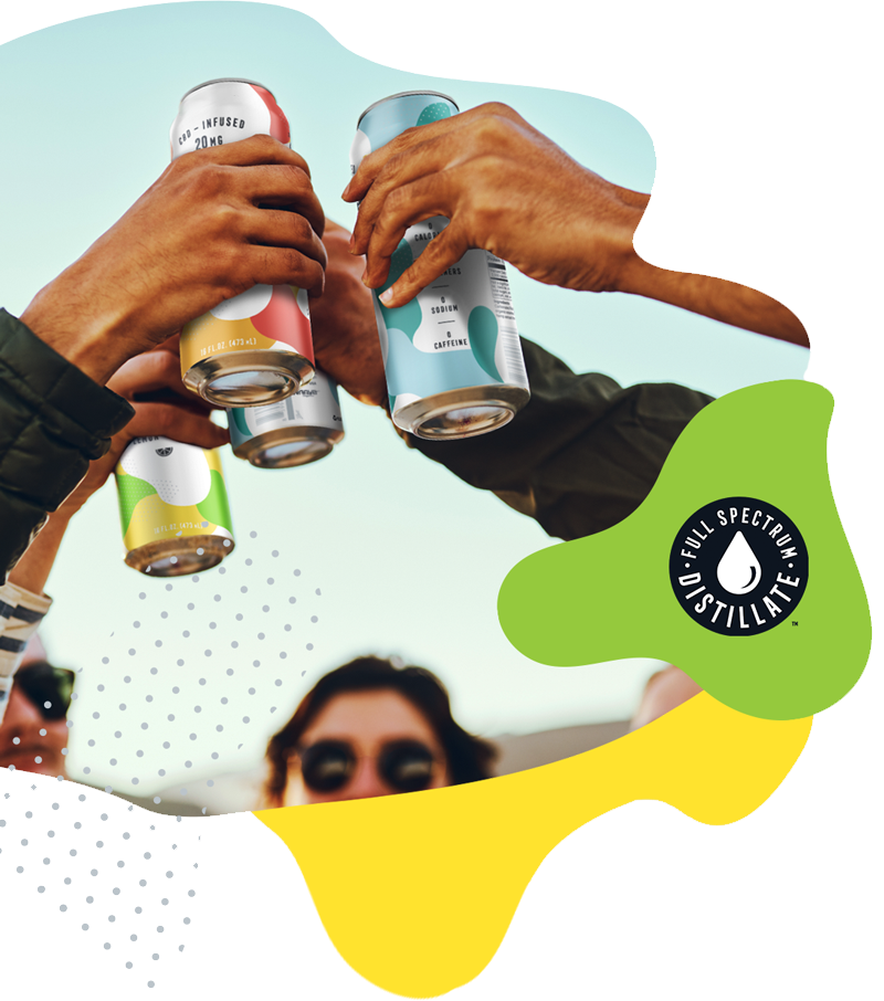 Small group of people raising drink cans for a toast